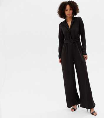 Tall Black Revere Collar Long Sleeve Belted Jumpsuit