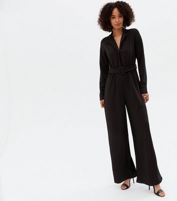 Tall Black Revere Collar Long Sleeve Belted Jumpsuit New Look