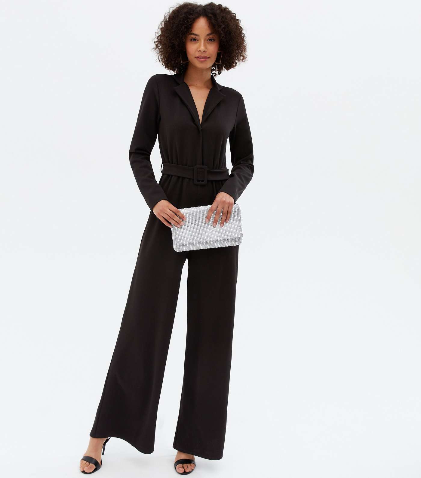 Tall Black Revere Collar Long Sleeve Belted Jumpsuit Image 2