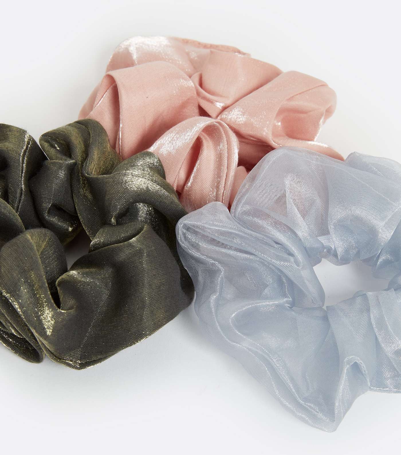 3 Pack Pale Blue Pink and Gold Organza Shimmer Scrunchies Image 2