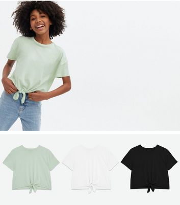 Teenager Bekleidung für Mädchen Girls 3 Pack Light Green White and Black Tie Front T-Shirts