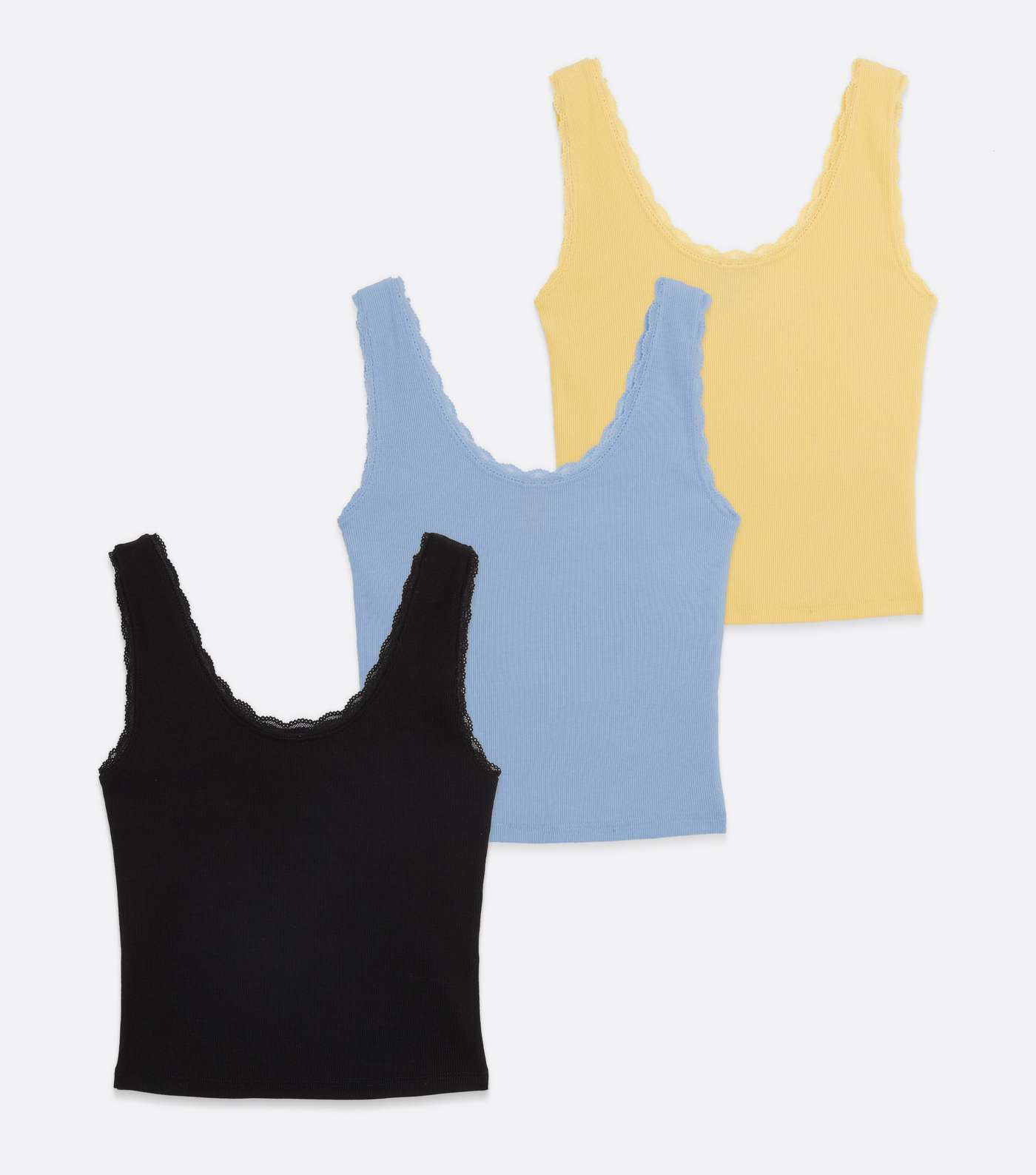 Girls 3 Pack Black Blue and Yellow Lace Trim Vests Image 5