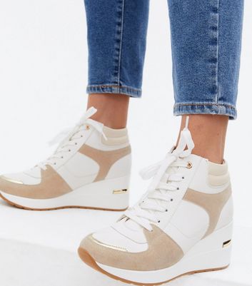 White Metal Trim Lace Up Wedge Trainers New Look Vegan