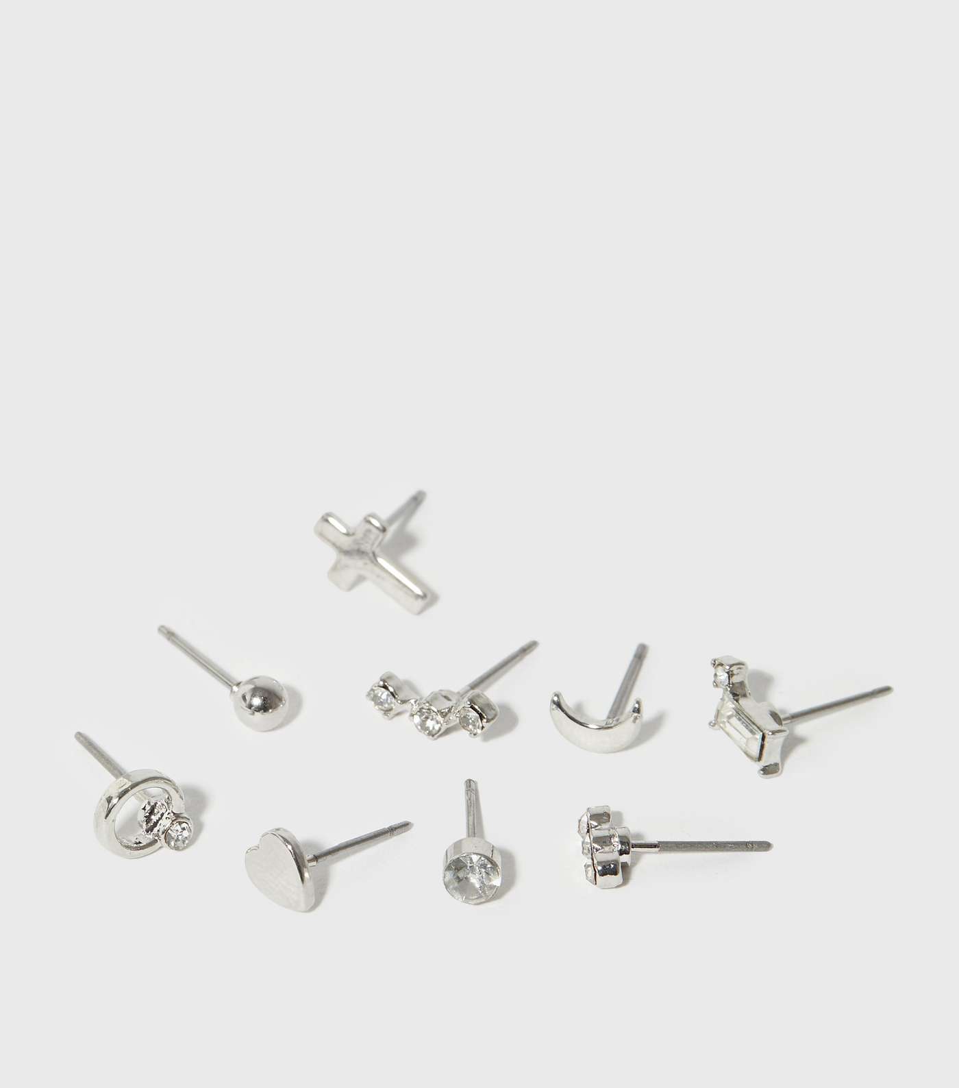 9 Pack Silver Diamanté Cross Stud Earrings Image 2