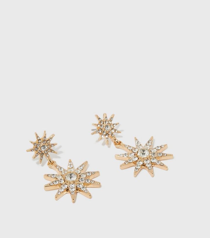 Gold Diamante Star Drop Stud Earrings New Look