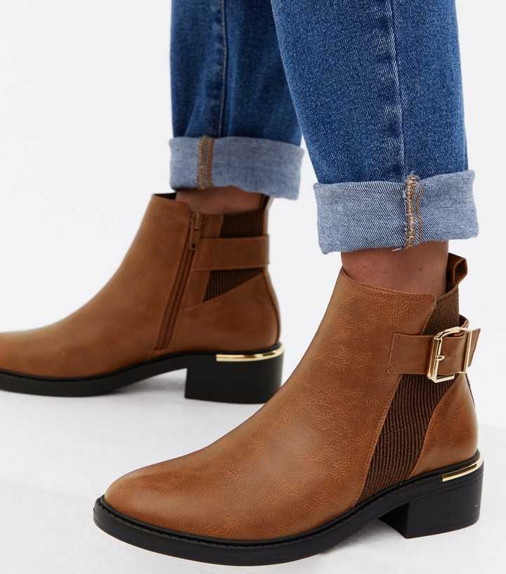tan metal trim block heel ankle boots