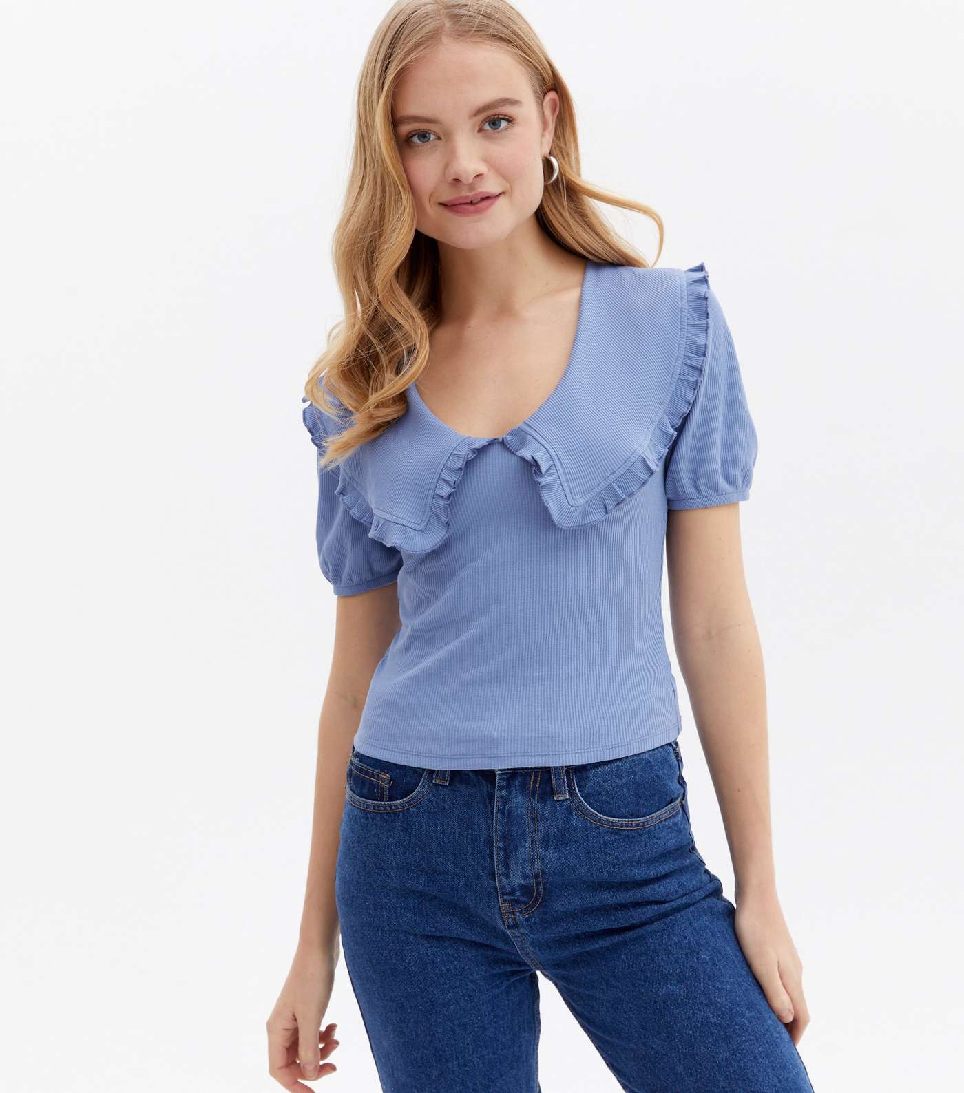 Blue Ribbed Frill Collar Puff Sleeve Top Image 3