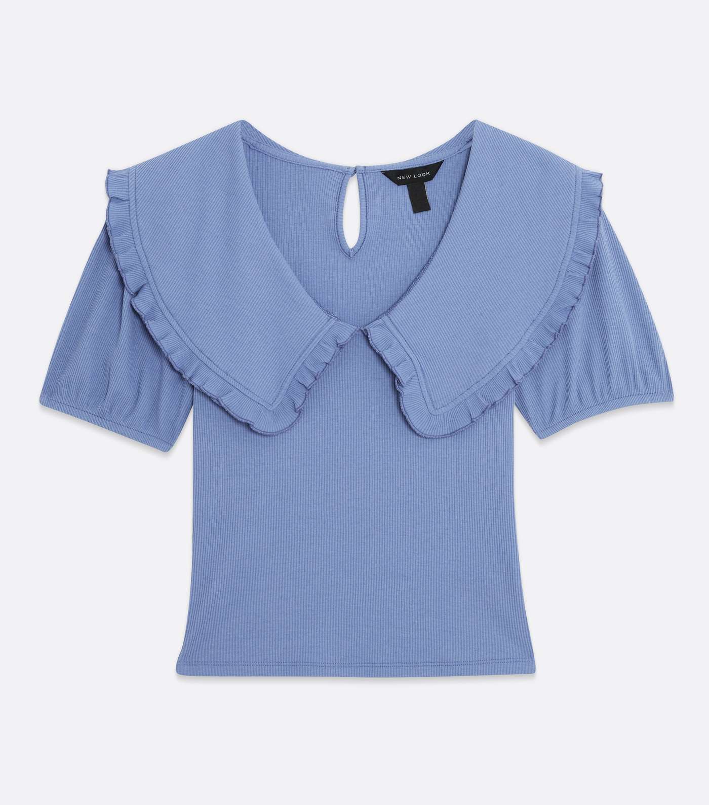 Blue Ribbed Frill Collar Puff Sleeve Top Image 5