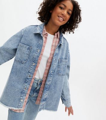 Girls Pale Blue Denim Raw Hem Shacket 