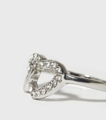 Silver Diamante Double Heart Ring New Look