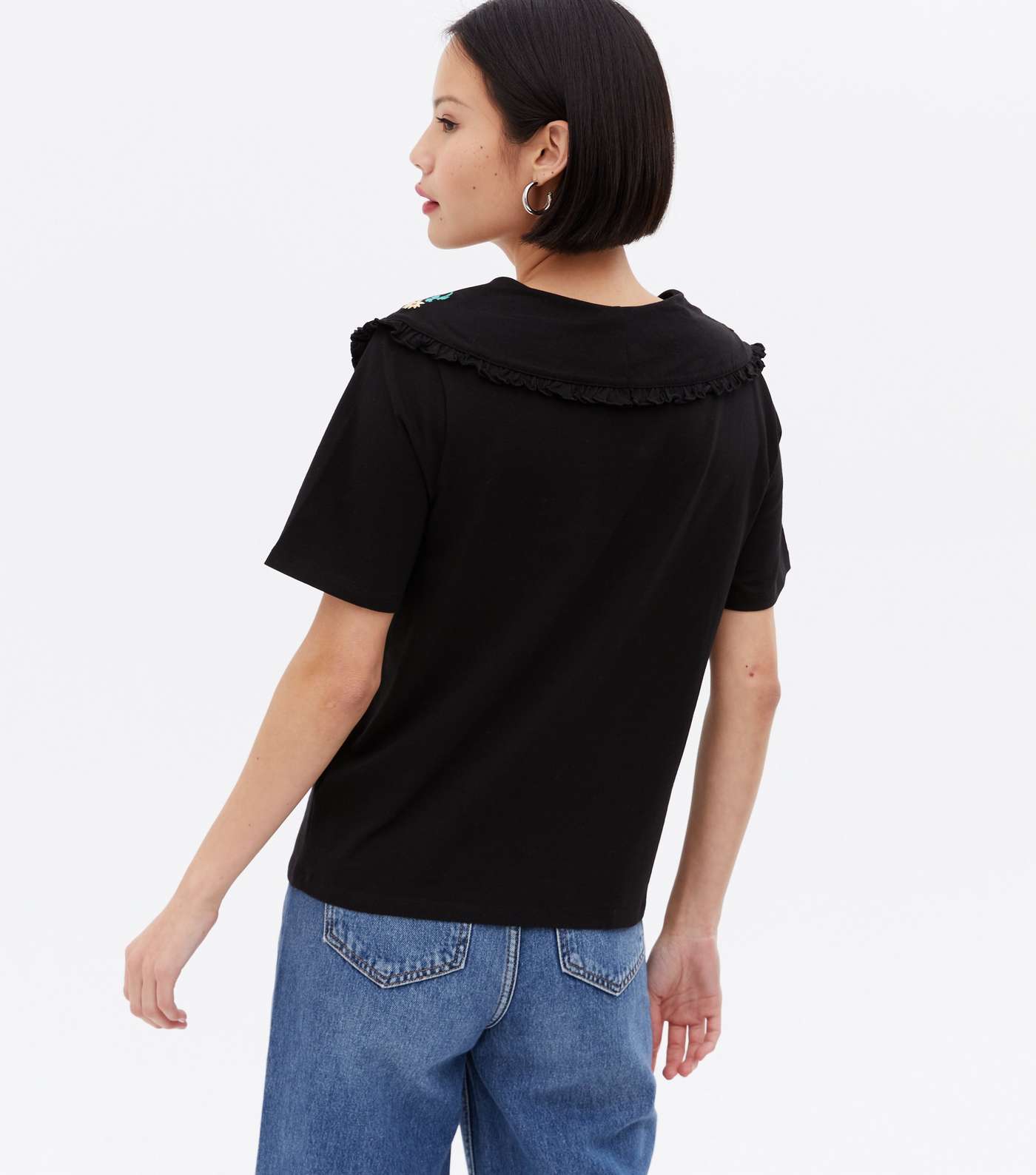 Black Floral Embroidered Frill Collar T-Shirt Image 4