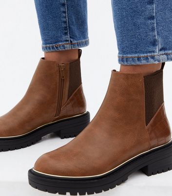 Click to view product details and reviews for Tan Faux Croc Panel Chunky Chelsea Boots New Look Vegan.