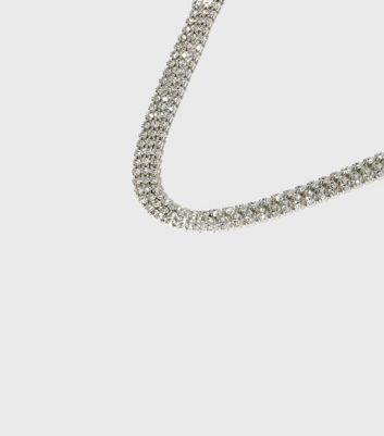 Silver Diamante Triple Row Necklace New Look