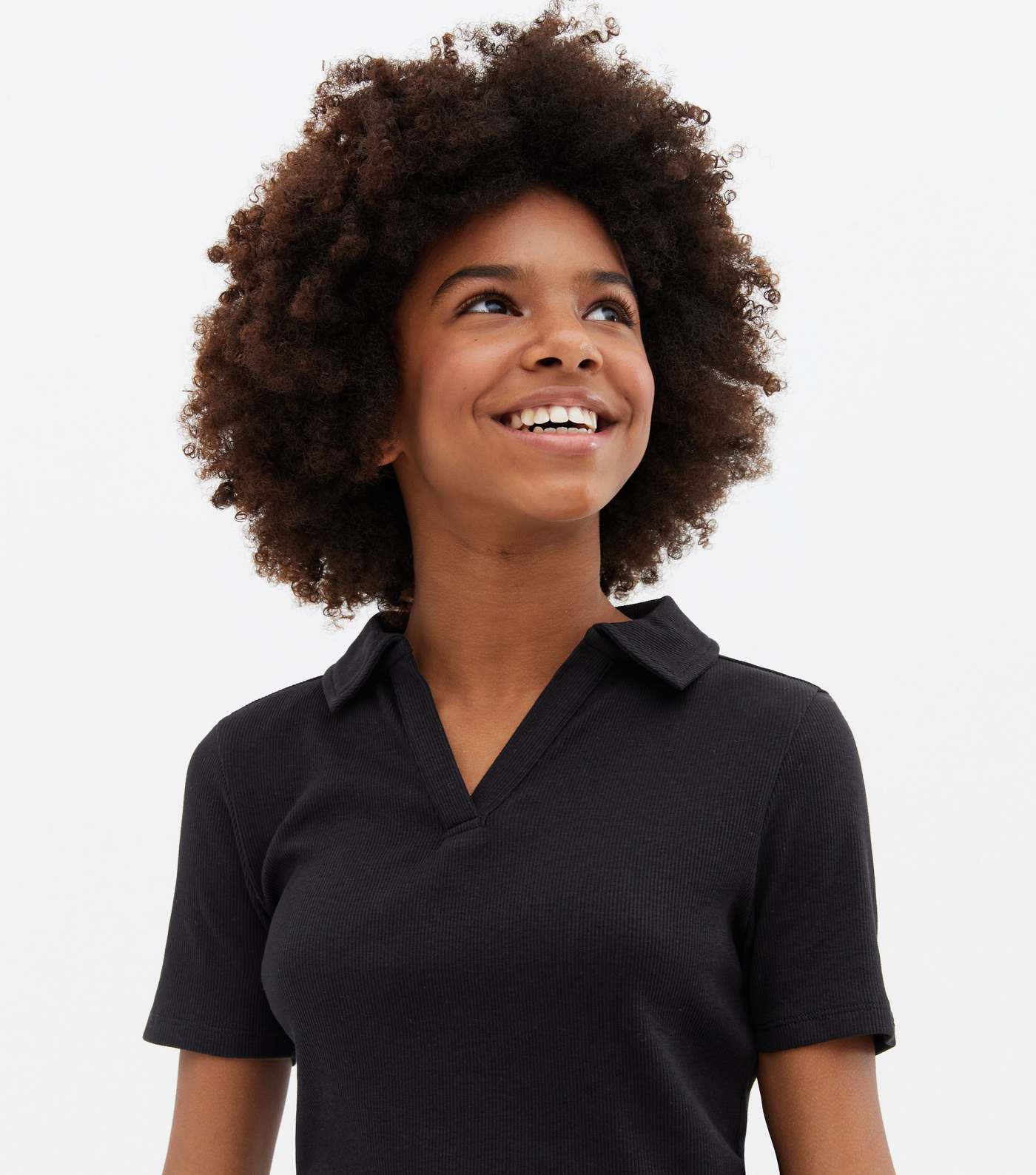 Girls Black Ribbed Polo T-Shirt Image 3