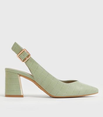Light Green Faux Croc Slingback Block Heel Court Shoes | New Look