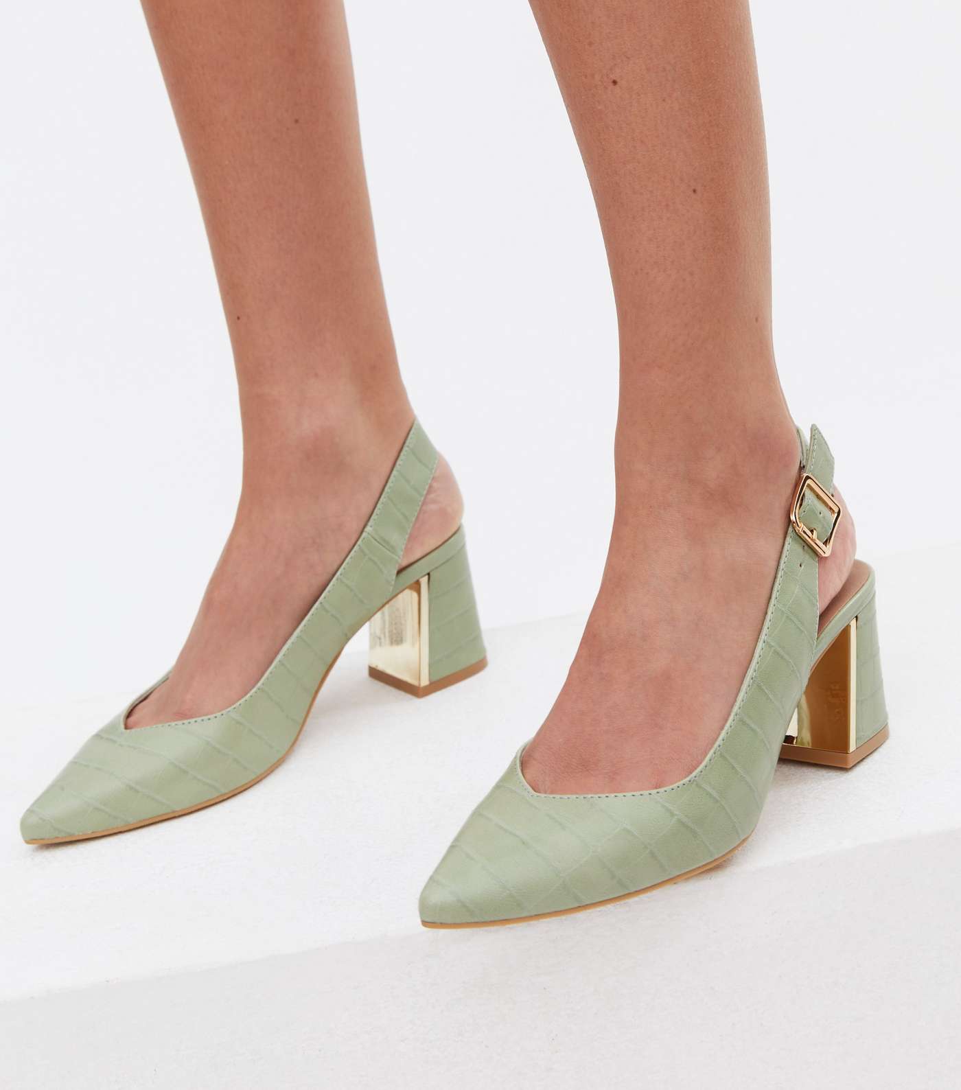 Light Green Faux Croc Slingback Block Heel Court Shoes Image 2