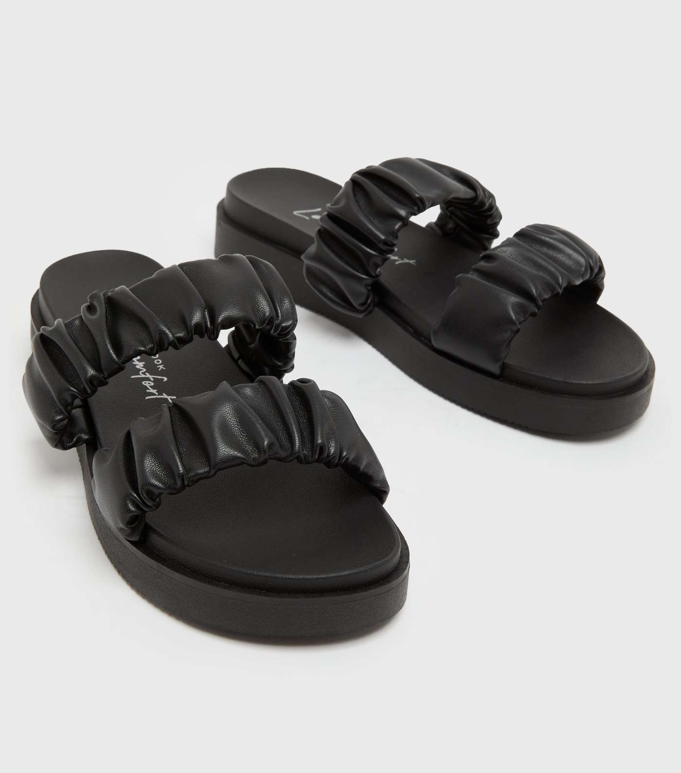 Black Ruched Double Strap Chunky Sliders Image 3