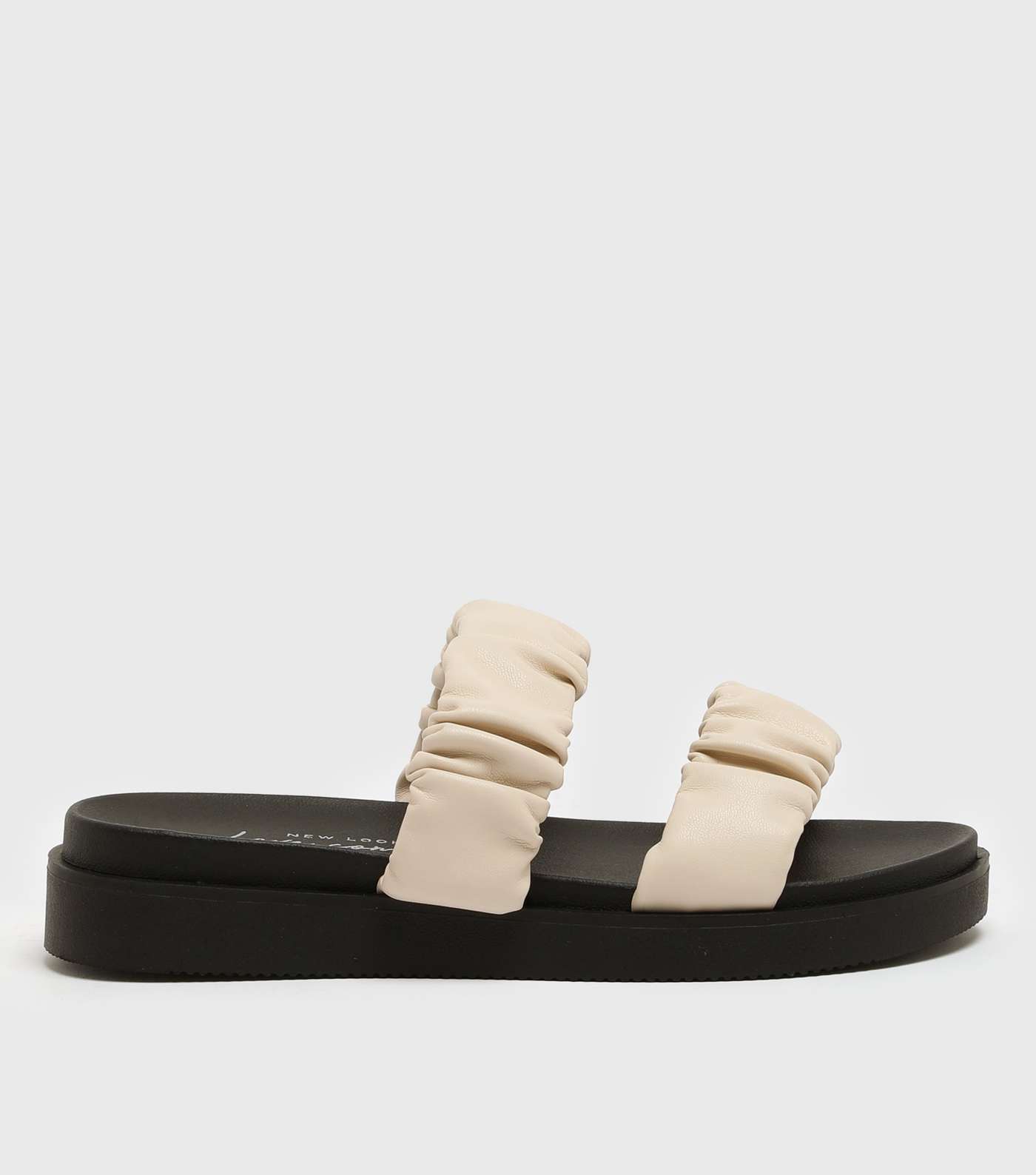 Off White Ruched Double Strap Chunky Sliders