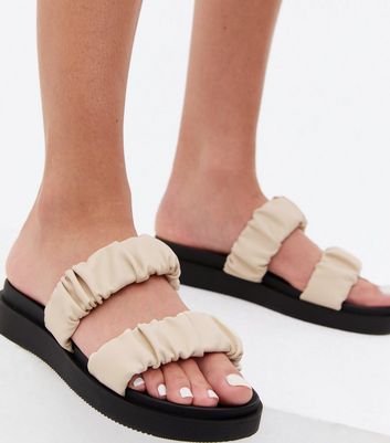 shop for Off White Ruched Double Strap Chunky Sliders New Look Vegan at Shopo