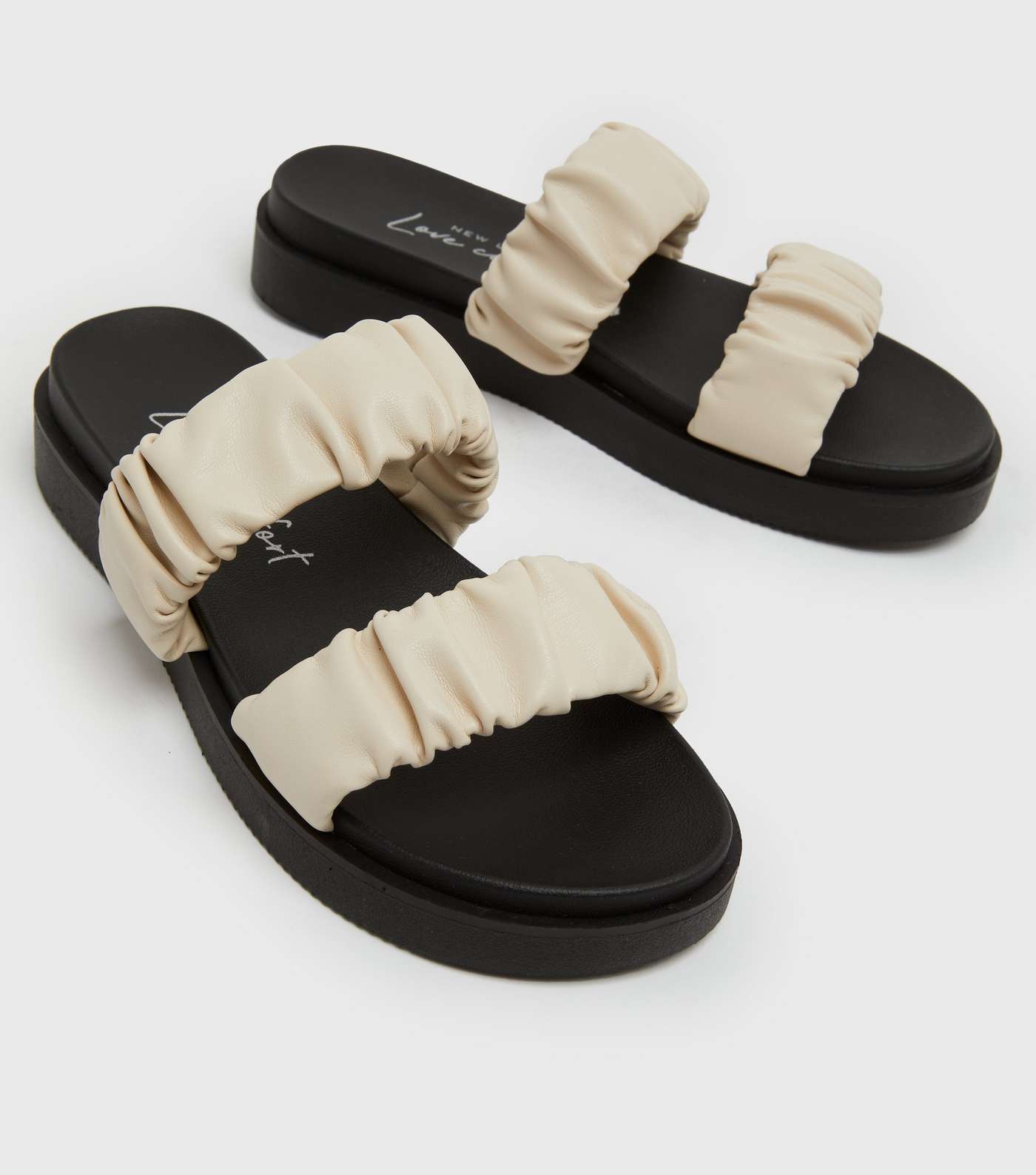Off White Ruched Double Strap Chunky Sliders Image 3