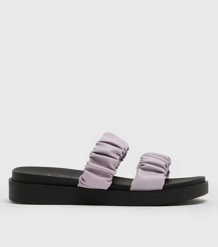 Lilac Ruched Double Strap Chunky Sliders