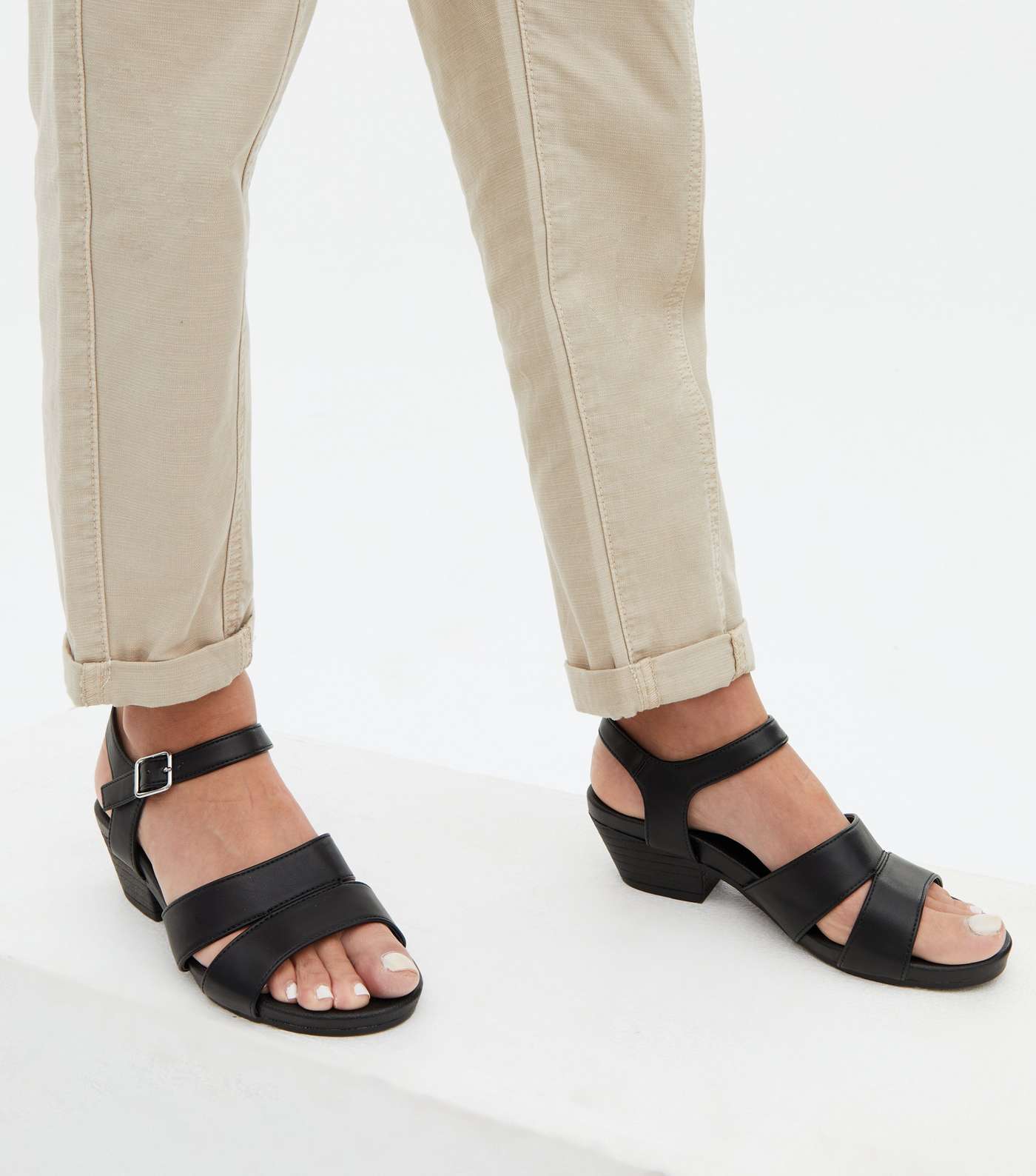 Wide Fit Black Leather-Look Cuban Block Heel Sandals Image 2