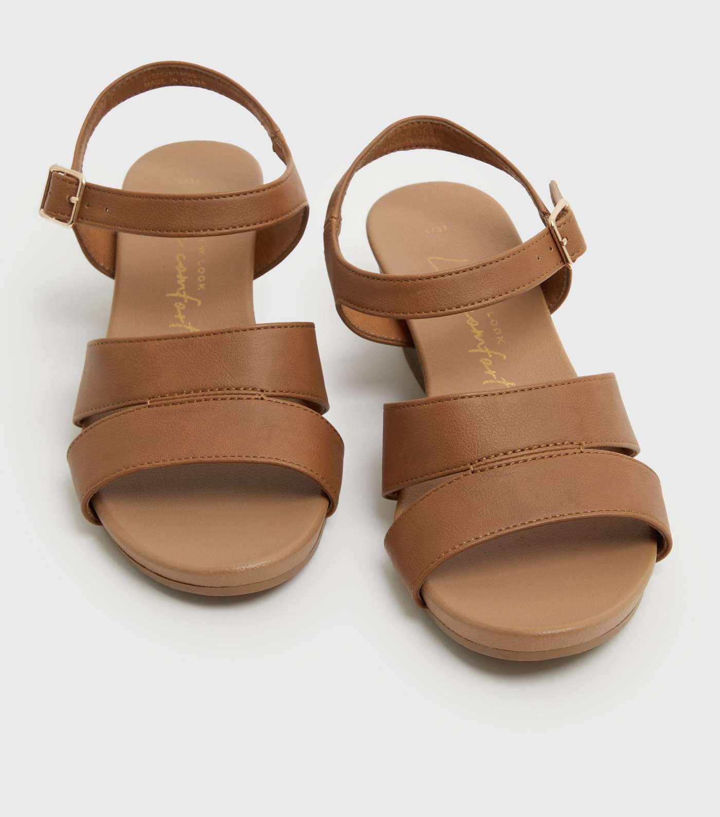 Wide Fit Tan Leather-Look Cuban Block Heel Sandals Image 3