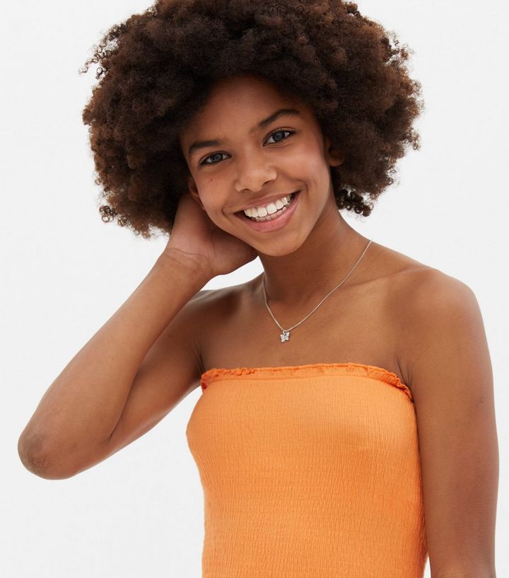 Chicle Enojado Merecer Girls Bright Orange Shirred Bandeau Top | New Look