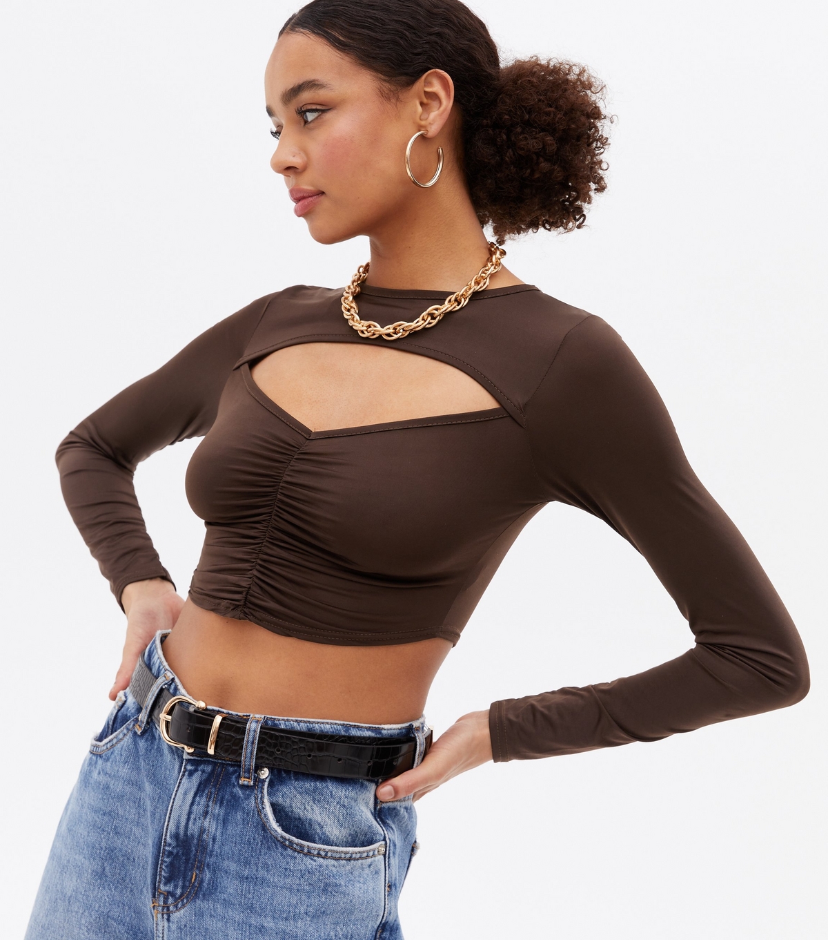 Women's Brown Ruched Cut Out Long Sleeve Crop Top Pink Vanilla New Look