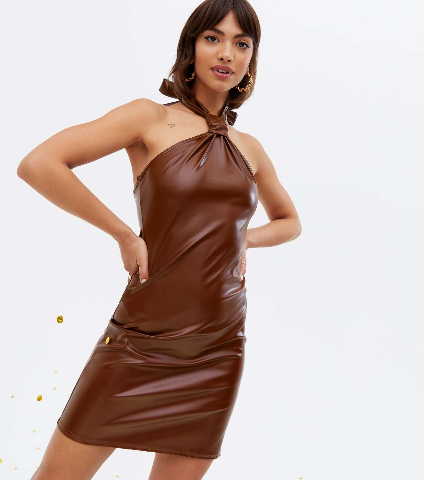 Pink Vanilla Dark Brown Leather-Look Halter Mini Dress