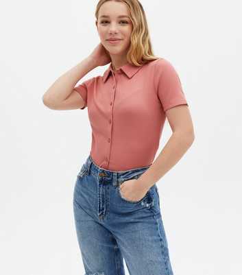Girls Pink Ribbed Button Polo Top