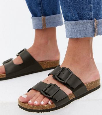 Black Buckle Double Strap Footbed Sliders New Look Vegan