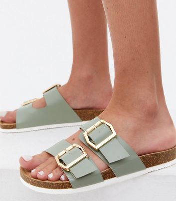 Click to view product details and reviews for Light Green Buckle Double Strap Footbed Sliders New Look Vegan.