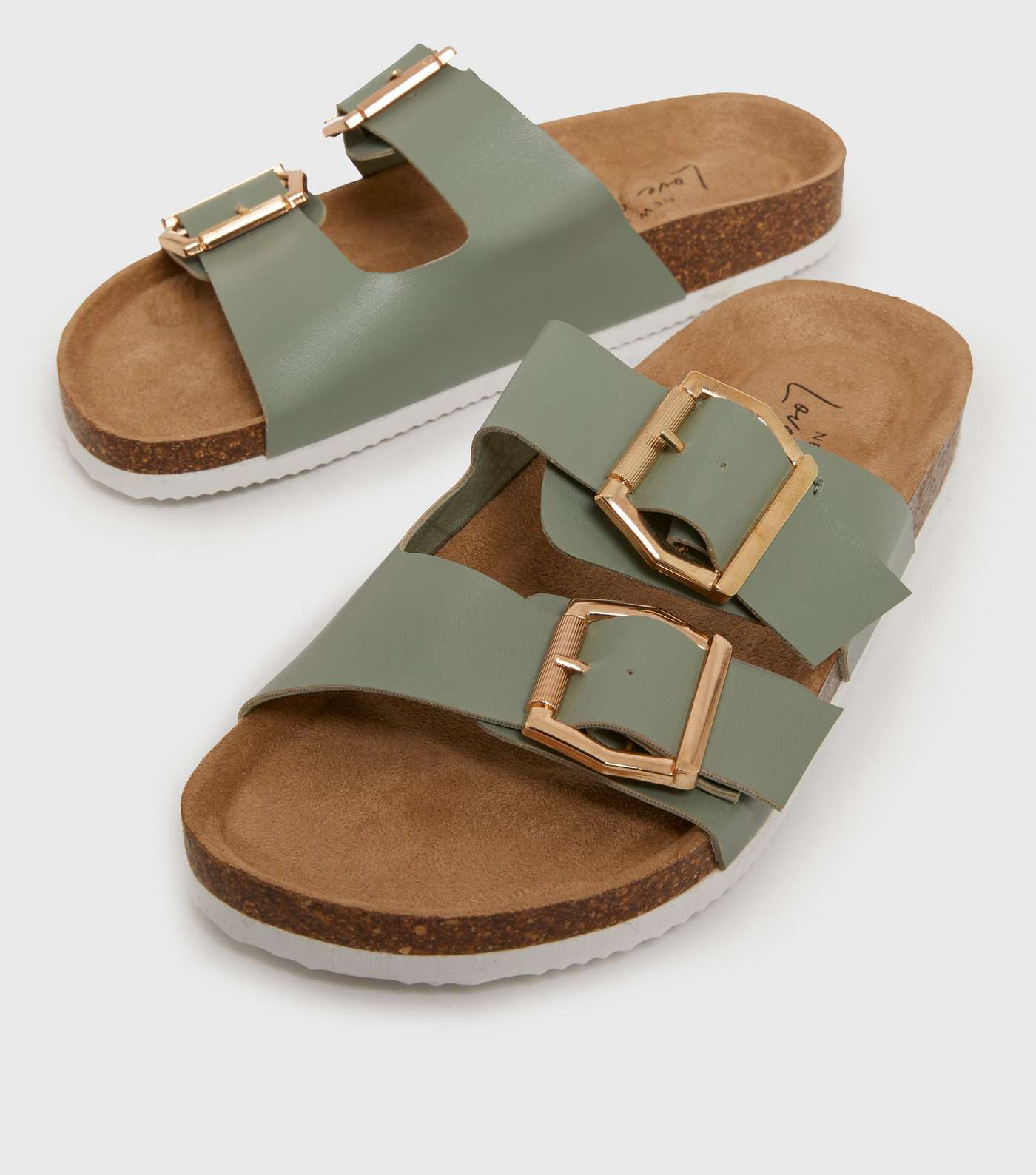 Light Green Buckle Double Strap Footbed Sliders Image 3