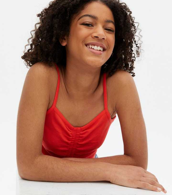 Girls Red Ribbed Ruched Cami