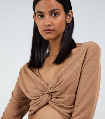 Click to view product details and reviews for Pink Vanilla Camel Ribbed Knot Front Top New Look.