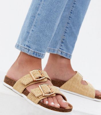 Click to view product details and reviews for Tan Woven Double Buckle Footbed Sliders New Look Vegan.