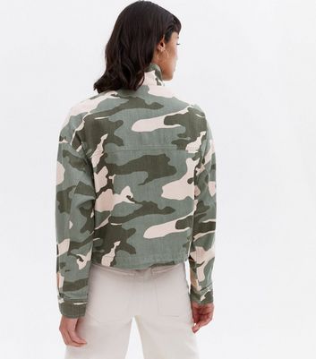 Green Camo High Neck Crop Jacket New Look