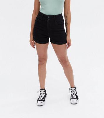 Petite Black Denim 2 Button High Waist Shorts New Look