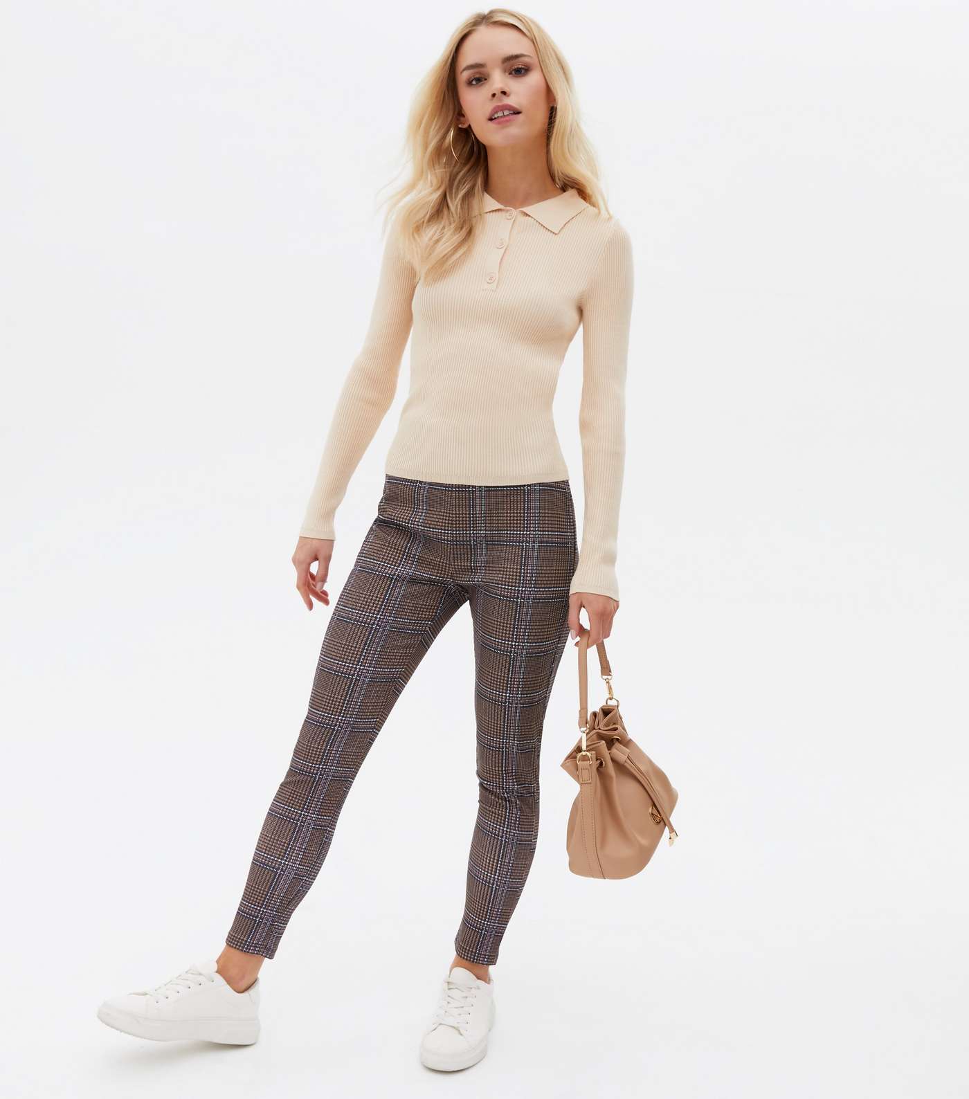 Petite Brown Check Jersey High Waist Skinny Trousers