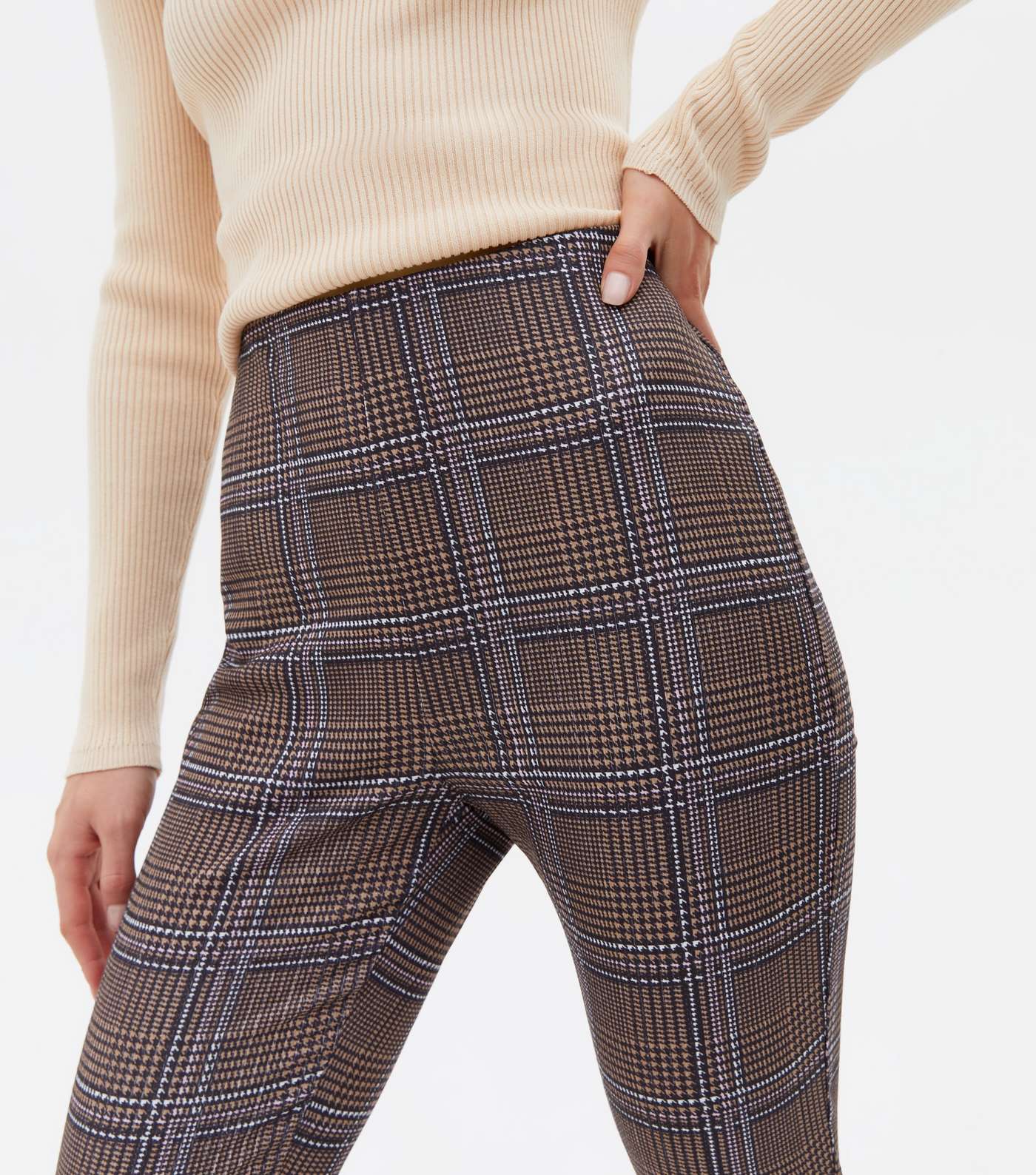 Petite Brown Check Jersey High Waist Skinny Trousers Image 3
