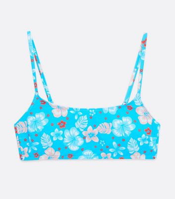 Blue Tropical Floral Scoop Neck Crop Bikini Top New Look