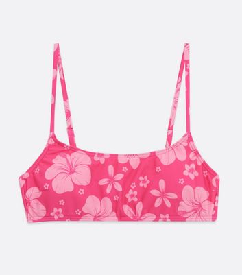 Pink Tropical Floral Scoop Neck Crop Bikini Top New Look