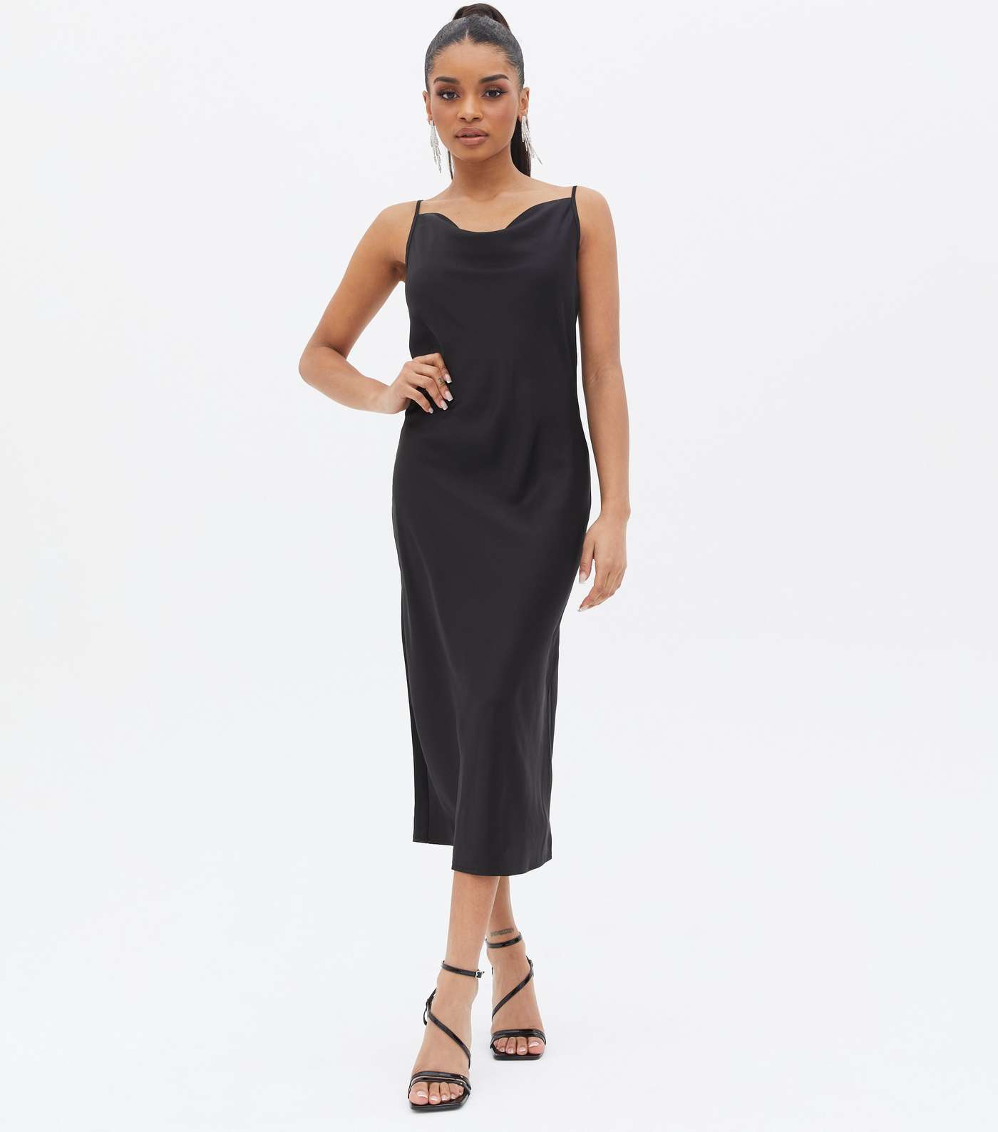 Petite Black Satin Cowl Neck Midi Slip Dress Image 2