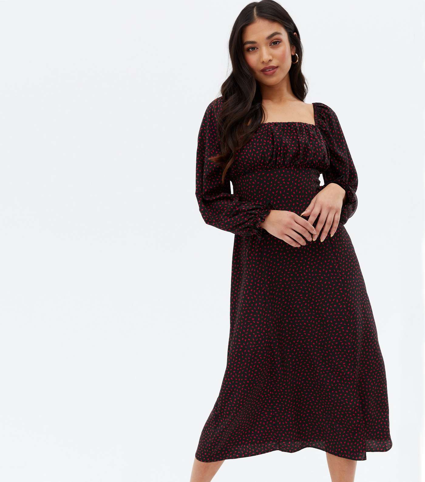 Petite Black Abstract Ruched Long Sleeve Midi Dress