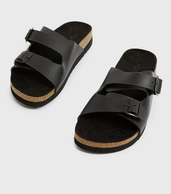 shop for Men's Black Buckle Double Strap Footbed Sliders New Look at Shopo