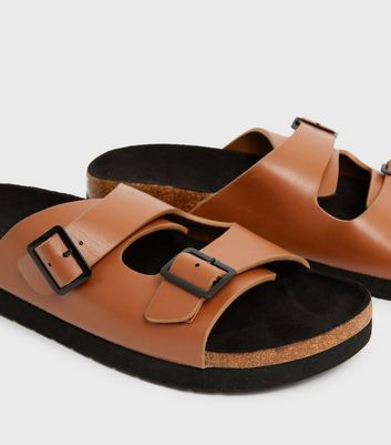 shop for Men's Tan Buckle Double Strap Footbed Sliders New Look at Shopo