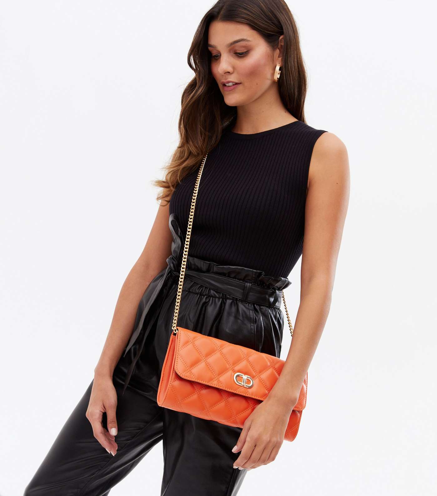 Bright Orange Quilted Chain Cross Body Bag Image 3