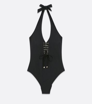 Click to view product details and reviews for Black Lace Up Halter Swimsuit New Look.