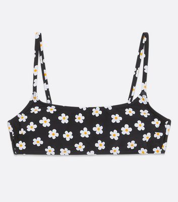 Black Daisy Scoop Neck Crop Bikini Top New Look